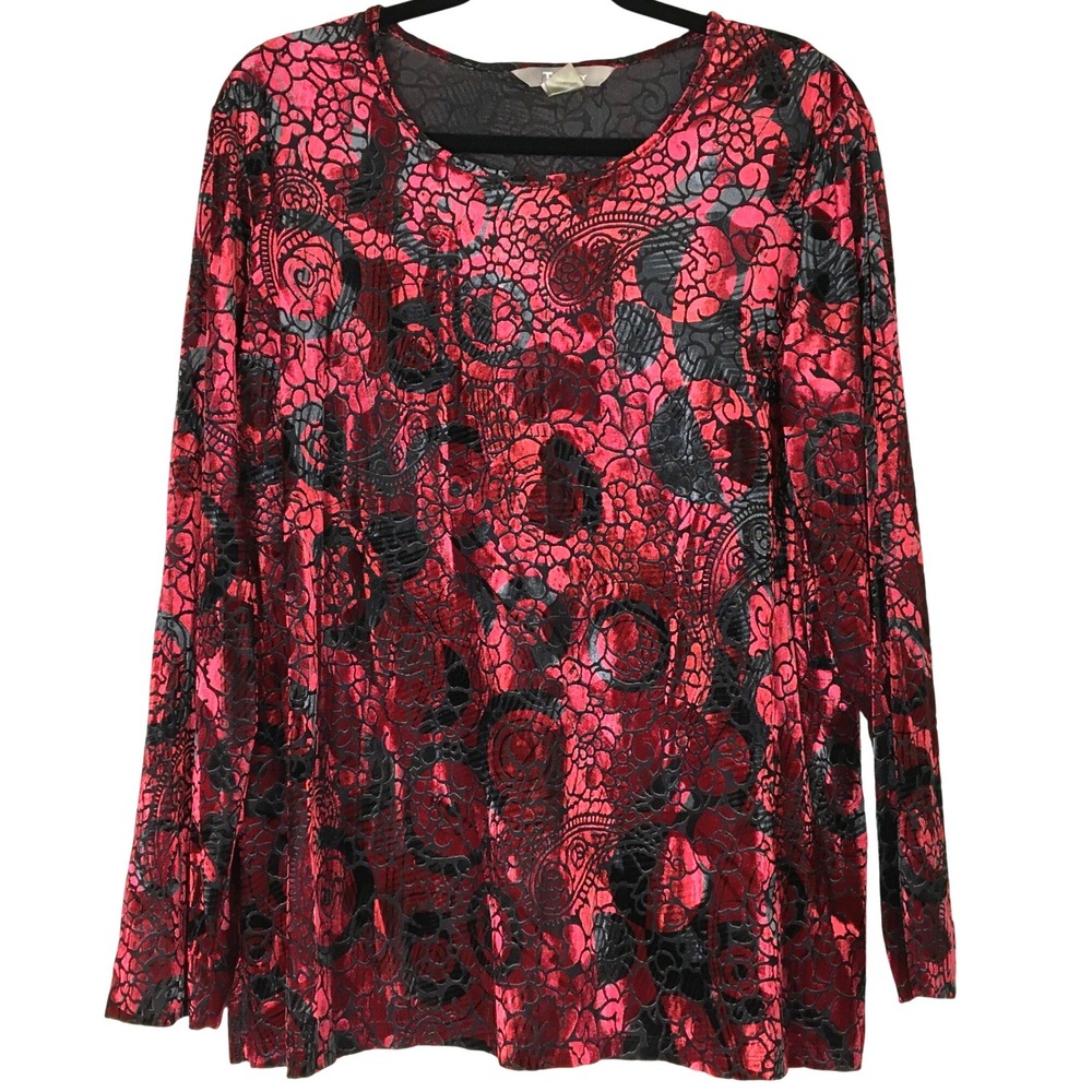 TanJay Red Black Velvet Burnout Floral Paisley Long Sleeve Top 2X Plus Size
